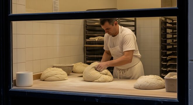 Authentic Parisian Baker Kneading Dough Early Morning