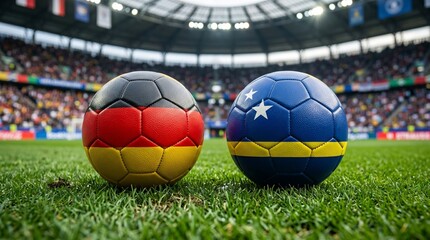 Two soccer balls painted with the national flags of Germany and Curaçao side by side on a green grass field in a packed sports stadium before an international football tournament match