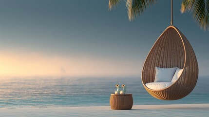 Fototapeta premium Cozy hanging chair swings gently near palm tree. Calm ocean meets soft sky at golden hour. Woven basket table holds two wine glasses. White cushion invites relaxation and serenity