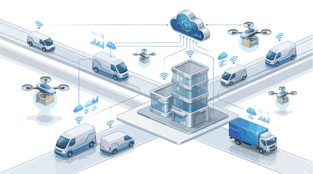 Central logistics hub with delivery drones and trucks.