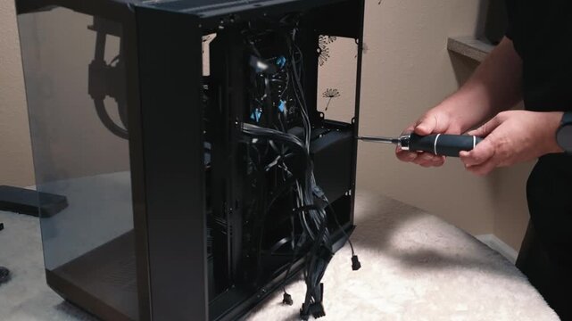 Unscrewing mounting drive bay for SSD and hard drives in computer case using screwdriver as part of pre-assembly preparation