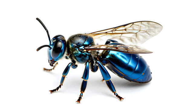 Metallic Blue Bee: A striking metallic blue bee, captured in sharp detail, showcases its delicate wings, segmented legs, and intricate body, isolated against a clean backdrop.