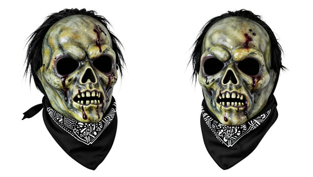 Spooky Zombie Masks: A pair of gruesome zombie masks with decayed skin, empty eye sockets, and tattered hair, each adorned with a black bandana, ready to evoke fear and thrill.
