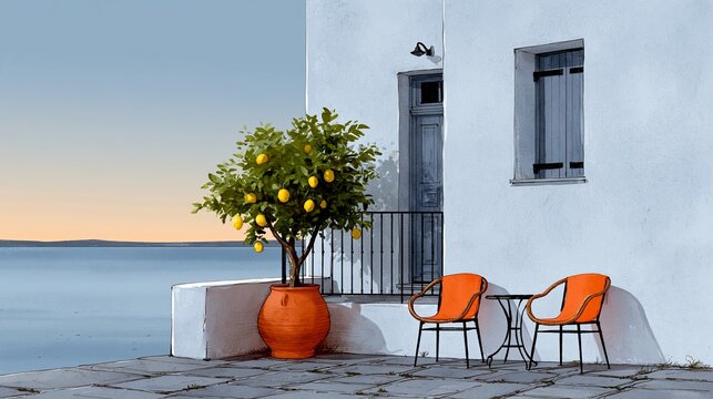 Sunset paints sky in soft orange and blue hues. Coastal white building frames a tranquil seaside scene. Lemon tree thrives in a terracotta pot beside a stone ledge