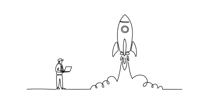 Continuous one line drawing of a person using a laptop with a rocket launching into space