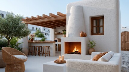 Fototapeta premium Sunlit patio with stone fireplace and wooden pergola. Candles glow beside warm fire, inviting quiet evenings. Cozy wicker chair sits near potted plants and olive tree