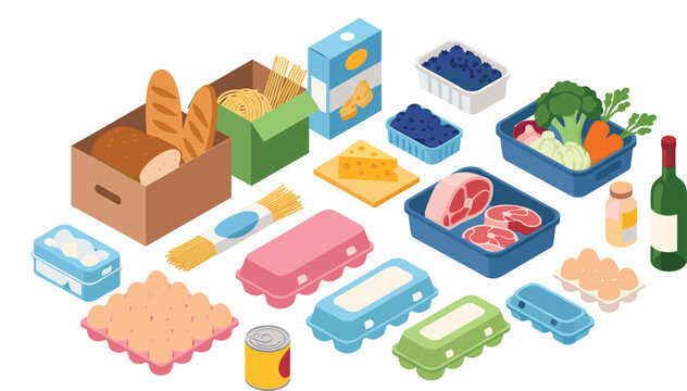 Isometric Grocery Food Vector Set with Fresh Meat, Vegetables, Eggs, Bread, and Dairy Products for Supermarket Delivery and Kitchen Meal Preparation Infographics