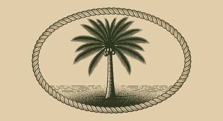 Vintage palm tree, rope border, illustration, tropical icon, sepia © Norway