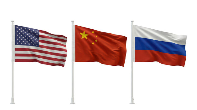 Flags of USA China and Russia on poles PNG transparent background