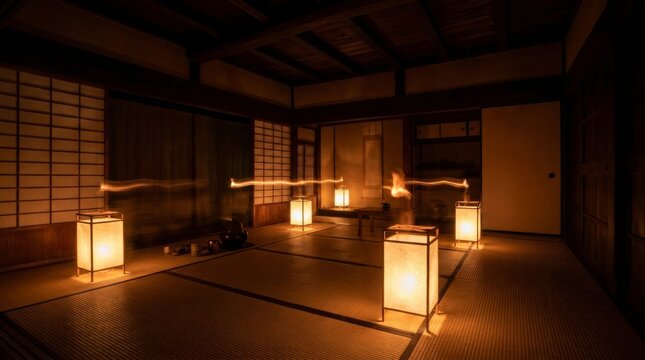 Traditional Japanese washitsu room illuminated by warm lanterns at night with tatami mats and shoji screens, creating a serene and zen atmosphere.