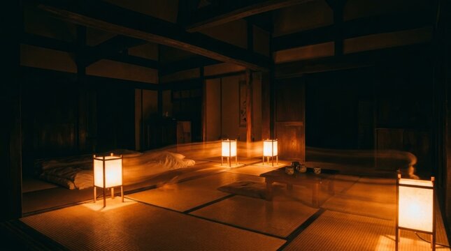 Traditional Japanese room at night with tatami mats, futon bedding, and glowing paper lanterns creating a serene and mysterious atmosphere with ethereal light trails.