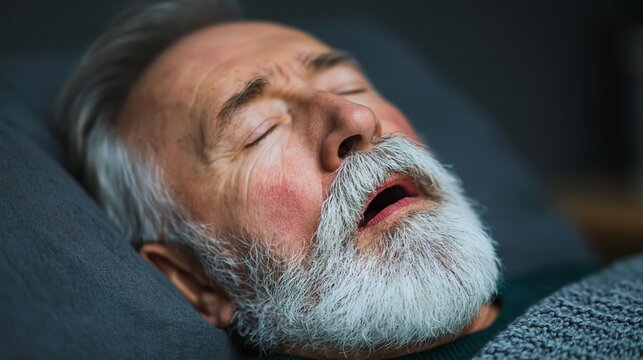 Senior man rests peacefully with closed eyes. White beard frames his calm, sleeping face. Soft lighting highlights gentle facial lines. Image evokes quiet serenity and restful sleep