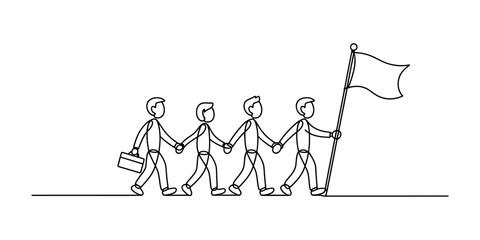 Obraz premium Group of business people holding hands walking forward together carrying a flag in a continuous line drawing style