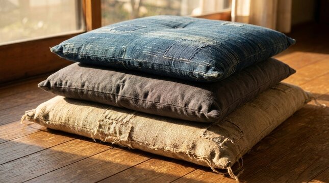 Stack of three rustic handmade floor cushions in warm sunlight on a wooden floor.