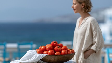 Fototapeta premium Woman stands by sea, gazing at horizon. Fresh tomatoes rest in rustic bowl on towel. Sunlight bathes calm coastal scene. Her expression suggests peaceful contemplation. Ideal for lifestyle, wellness