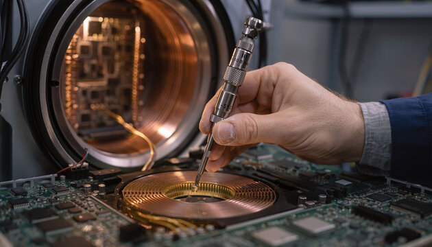 Detail of a technicians hand using a precision tool on complex microelectronics with a copper coil. Perfect for themes of innovation, engineering, RD, and quality electronics repair.