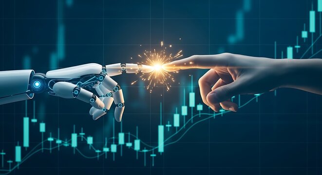 Robot hand and human finger connecting through a luminous spark against a digital candlestick graph. Perfect for cryptocurrency trading platforms and automated financial advisory marketing.