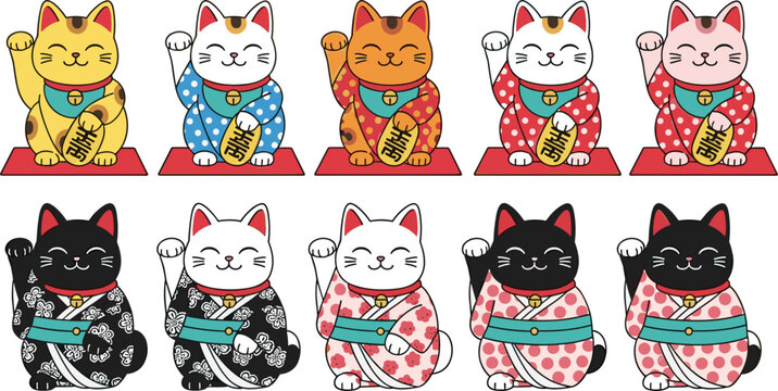 Lucky Japanese Maneki Neko cats collection with traditional kimono patterns, cute waving fortune cat vector set isolated on white background