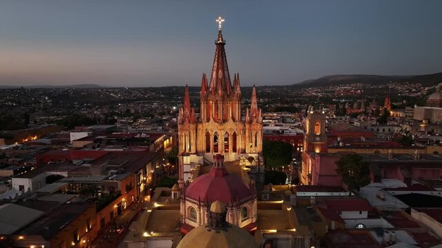 night aerial view of the ancient city of San Miguel Angel Main Church in Mexico