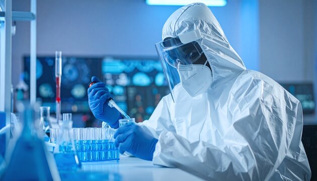 Professional researcher in a hazmat suit and face shield works with liquid samples in a hightech laboratory. Perfect for themes of medical innovation, virology, and pharmaceutical safety.