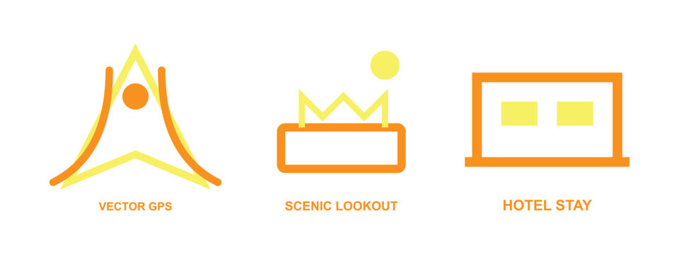 Set of travel navigation map icons featuring location markers and terrain features.