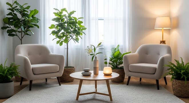 Cozy counseling room interior with armchair and potted indoor plant in sage green tones. Calm environment for psychotherapy session. Comfortable space for mental health and relaxation.