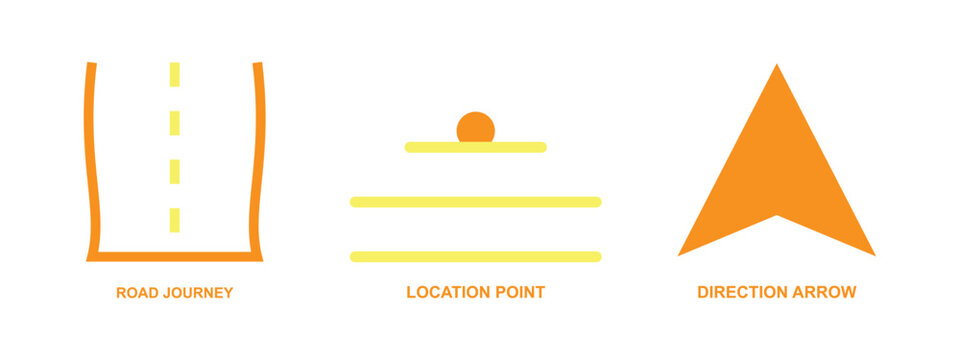 Directional navigation icons showing road journey location point and arrow head.
