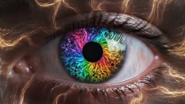 Close up of a human eye with colorful fractal patterns inside the iris