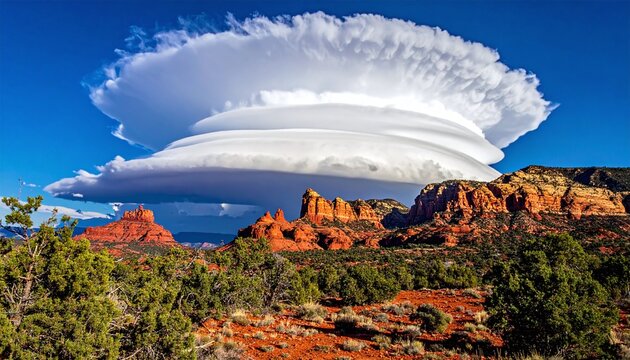 Majestic red rock desert landscape under a spectacular, UFOlike lenticular cloud formation. A powerful image capturing the beauty and mystery of atmospheric weather phenomena in nature.