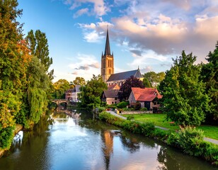 Obraz premium Picturesque european church and river landscape under a cloudy sky