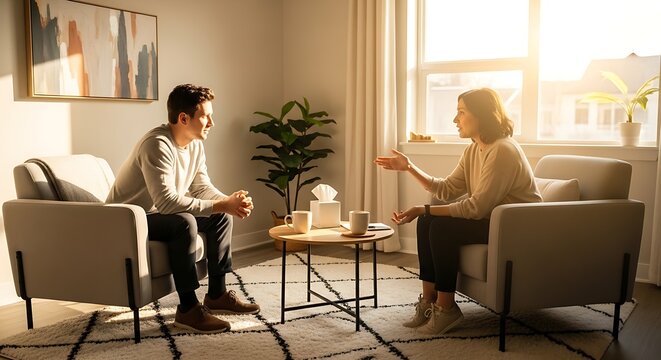 Man, hands and listening for therapy, sofa or advice from woman for mental health, psychology or care. Psychiatrist, patient and frustrated in clinic, session or couch for help, anxiety or depression