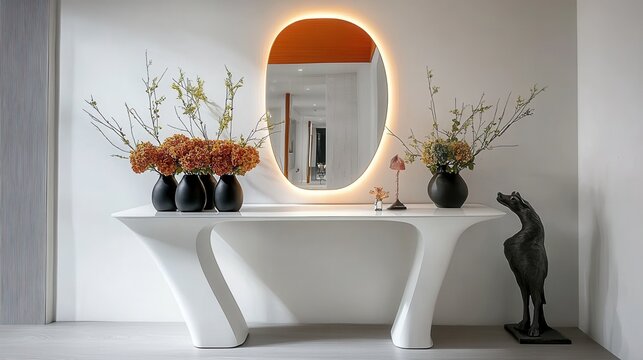 Modern console table with mirror and floral arrangements