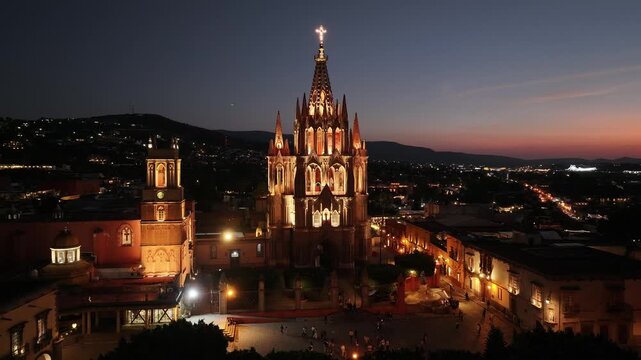 night aerial view of the ancient city of San Miguel Angel Main Church in Mexico