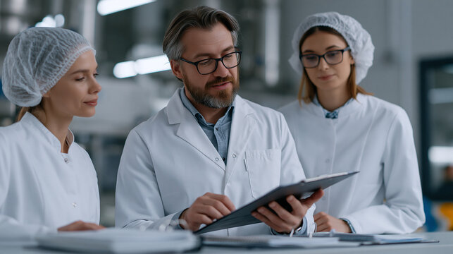 Hospital pharmacy director reviews IV room workflow and sterile preparation compliance records with two gowned technicians during internal audit walkthrough, positive pressure suite visible through 
