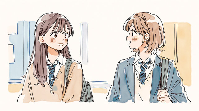 放課後、女子学生同士が向かい合って会話する様子を描いた、やわらかな水彩風イラスト作品、青春と友達関係を感じる学生素材、学校素材、教育素材、会話素材、対話、会話、相談、手描き、水彩、イラスト、学生、女子学生、制服、学校、教室、廊下、会話、友達、友情、青春、日常、コミュニケーション、相談、放課後、休み時間、人物、かわいい、シンプル、やさしい、挿絵、背景、広告、ブログ、教材、ストック素材、商用利用