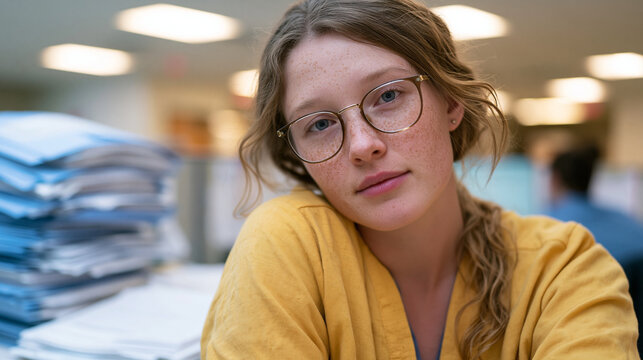 Exhausted emergency room billing specialist stares at ceiling fluorescent light from her cubicle, stacks of medical claim folders visible, depicting healthcare administrative burden, medical debt pr