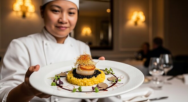 Chef holding a plate of beautifully arranged gourmet food, with a satisfied smile, symbolizing high food expectations and culinary excellence.