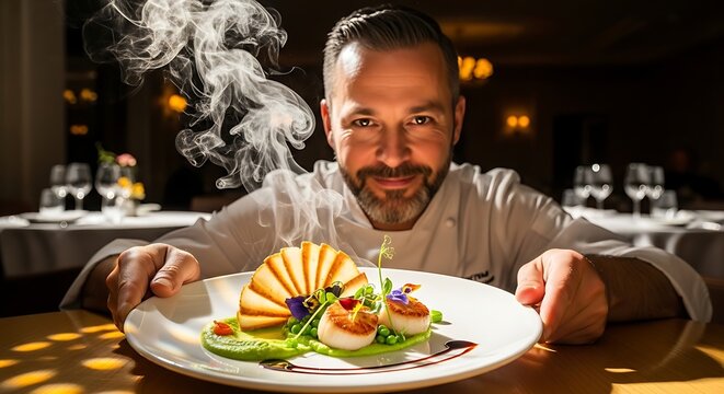 Chef holding a plate of beautifully arranged gourmet food, with a satisfied smile, symbolizing high food expectations and culinary excellence.