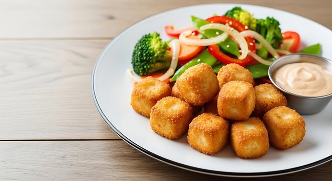 Crispy fried chicken served with spaghetti and fresh salad on plate over wooden table. Clean composition with copy space for text. Casual dining concept.