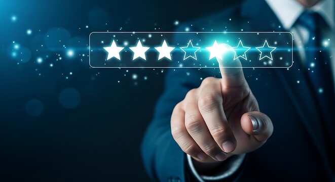 Five star rating interface being interacted with by a professional businessman. Cinematic blue lighting highlights glowing feedback symbols. Ideal for reputation management marketing.