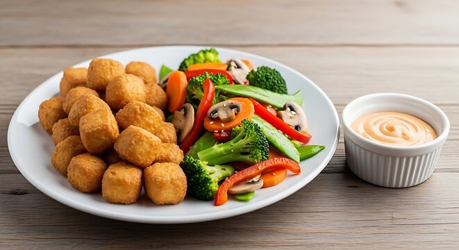 Crispy fried chicken served with spaghetti and fresh salad on plate over wooden table. Clean composition with copy space for text. Casual dining concept.