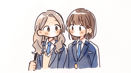 Fototapeta premium 女子学生が向かい合い話している様子を描いた、シンプルでかわいいイラスト作品、学校生活の相談や友達関係に使いやすい素材、学校素材、教育素材、会話素材、対話、会話、手描き、水彩、イラスト、学生、女子学生、制服、学校、教室、廊下、会話、友達、友情、青春、日常、コミュニケーション、相談、放課後、休み時間、人物、かわいい、シンプル、やさしい、挿絵、背景、広告、ブログ、教材、ストック素材、商用利用