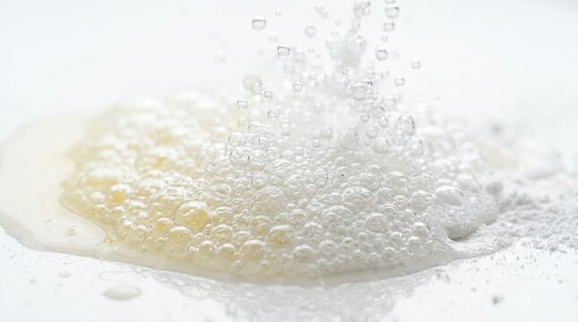 Extreme macro close-up of a chemical reaction between fresh lemon juice and baking soda with exploding fizzy white bubbles