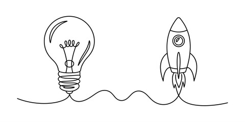 Continuous single line drawing of light bulb and rocket ship for startup innovation and creative business ideas © Vector Art Gallery 