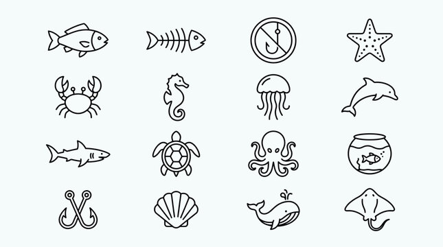 Oceanic creatures and sea symbols line icon set including fish crustaceans mollusks and marine wildlife illustrations
