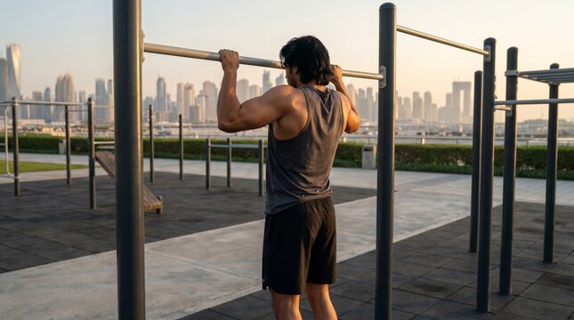 Muscular man performing pull-ups on an outdoor calisthenics bar at an urban park with a city skyline in the background.