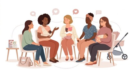 Obraz premium A group of women are gathered to share their experiences and support each other regarding pregnancy and caring for newborns.