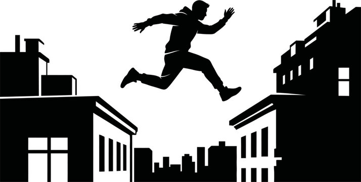 Vector Illustration of a Man Jumping Between Rooftops in Parkour Action