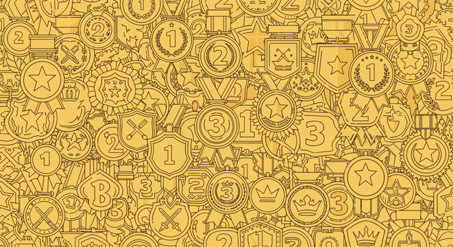 Gold medals and awards seamless pattern featuring trophies and shields with ranking numbers for achievement and competition theme designs.