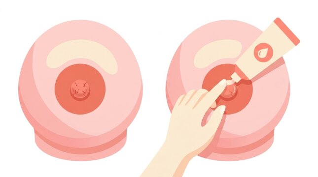 A hand applies lanolin cream to a nipple care tool designed for mothers during pregnancy and after childbirth useful for skin care.